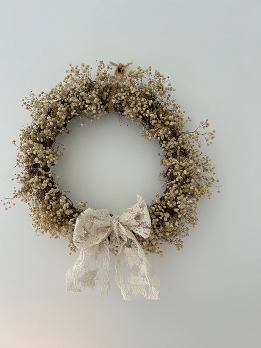 ‘Jazmin’ Gypsophila Wreath finished with a lace bow