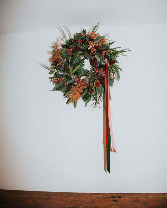 Luxury Red and Pink Berry Wreath with Gold Fern