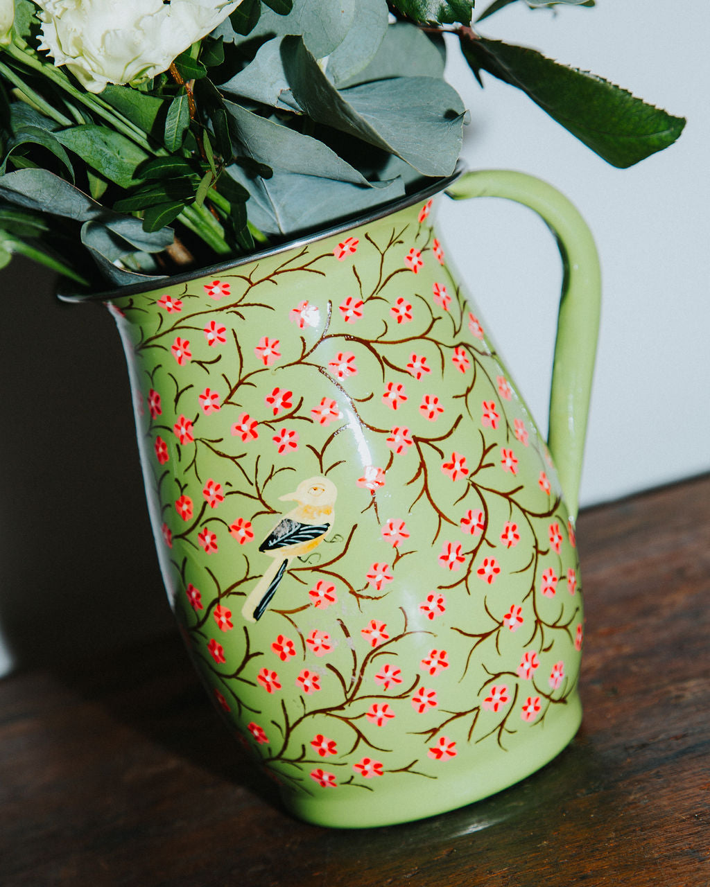 Sanasar Hand Painted Enamel Jug Filled with Pastel Flowers