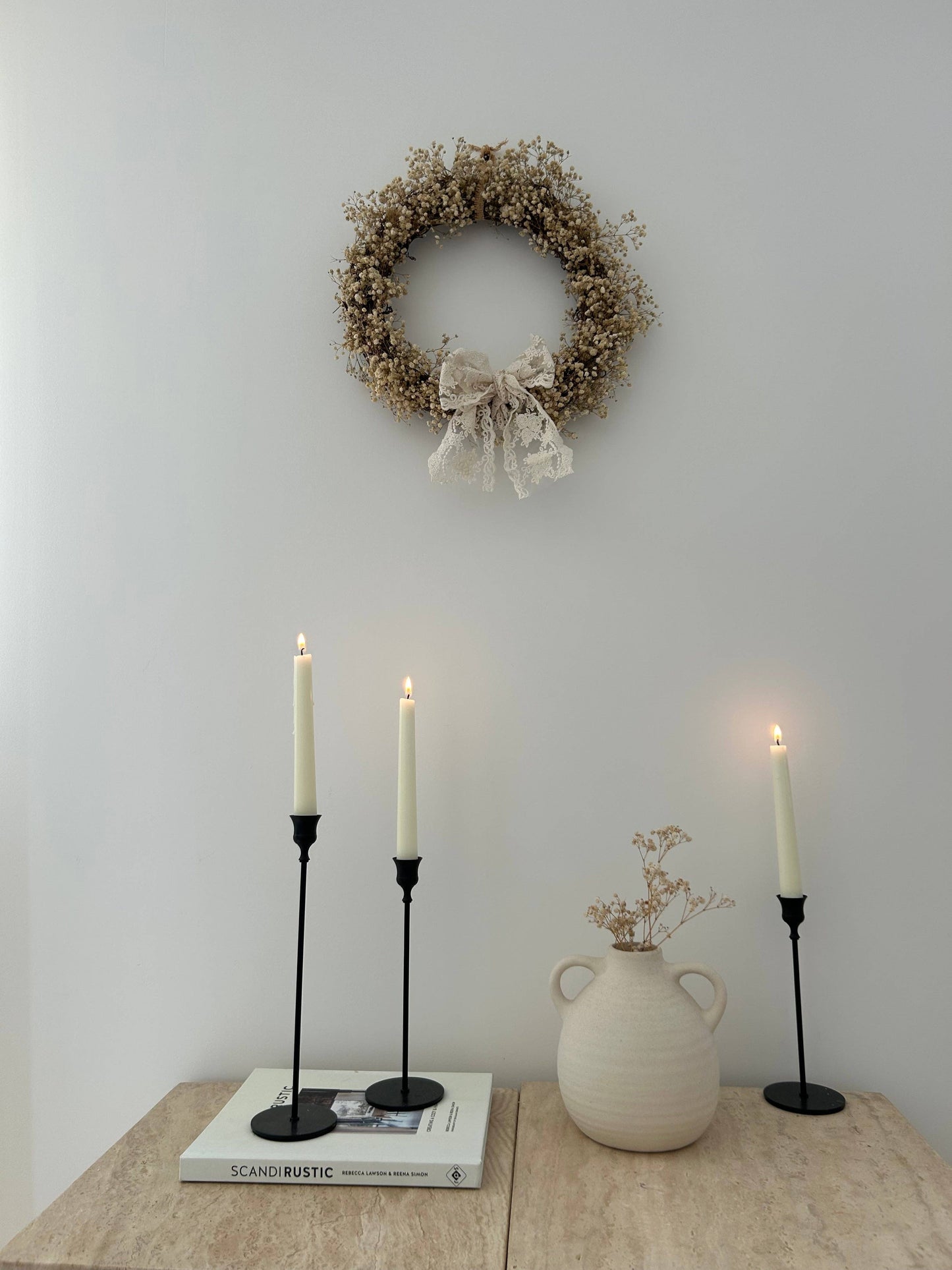 ‘Jazmin’ Gypsophila Wreath finished with a lace bow